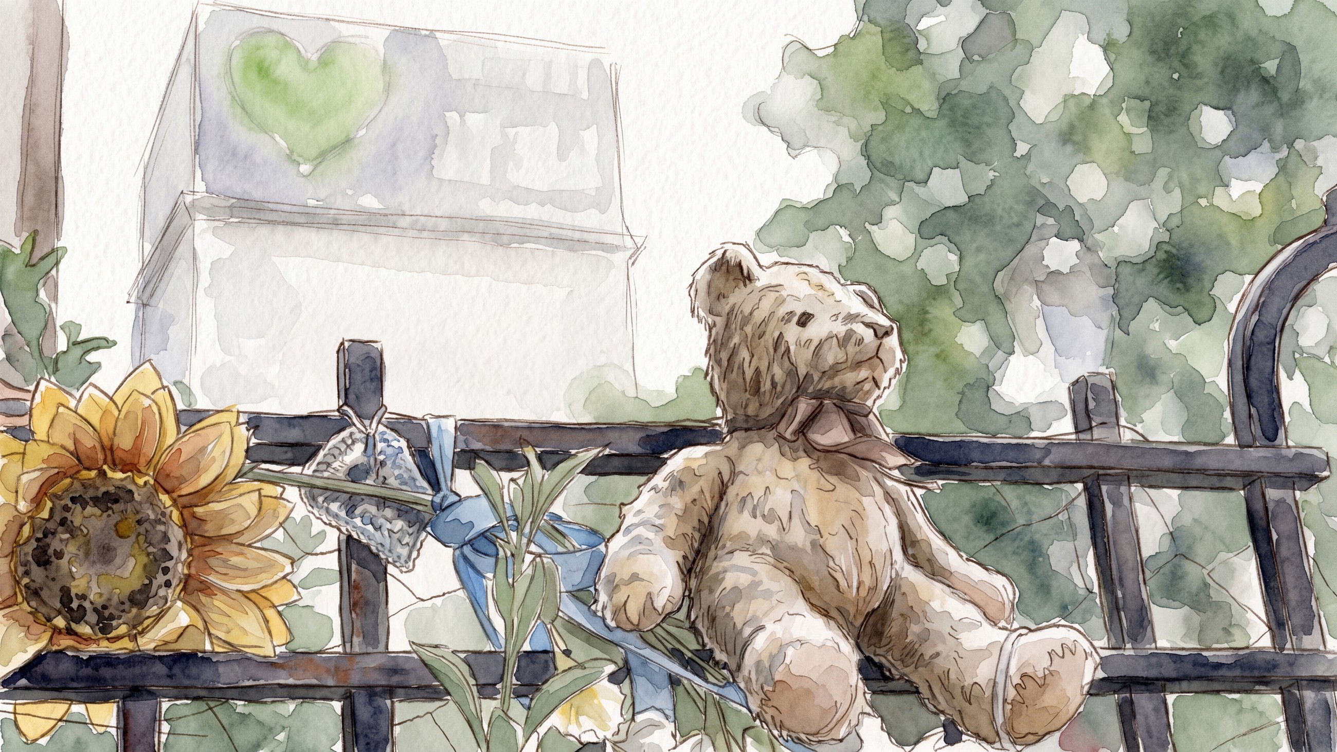 Watercolour illustration of flowers, a teddy bear and a green heart at memorial railings