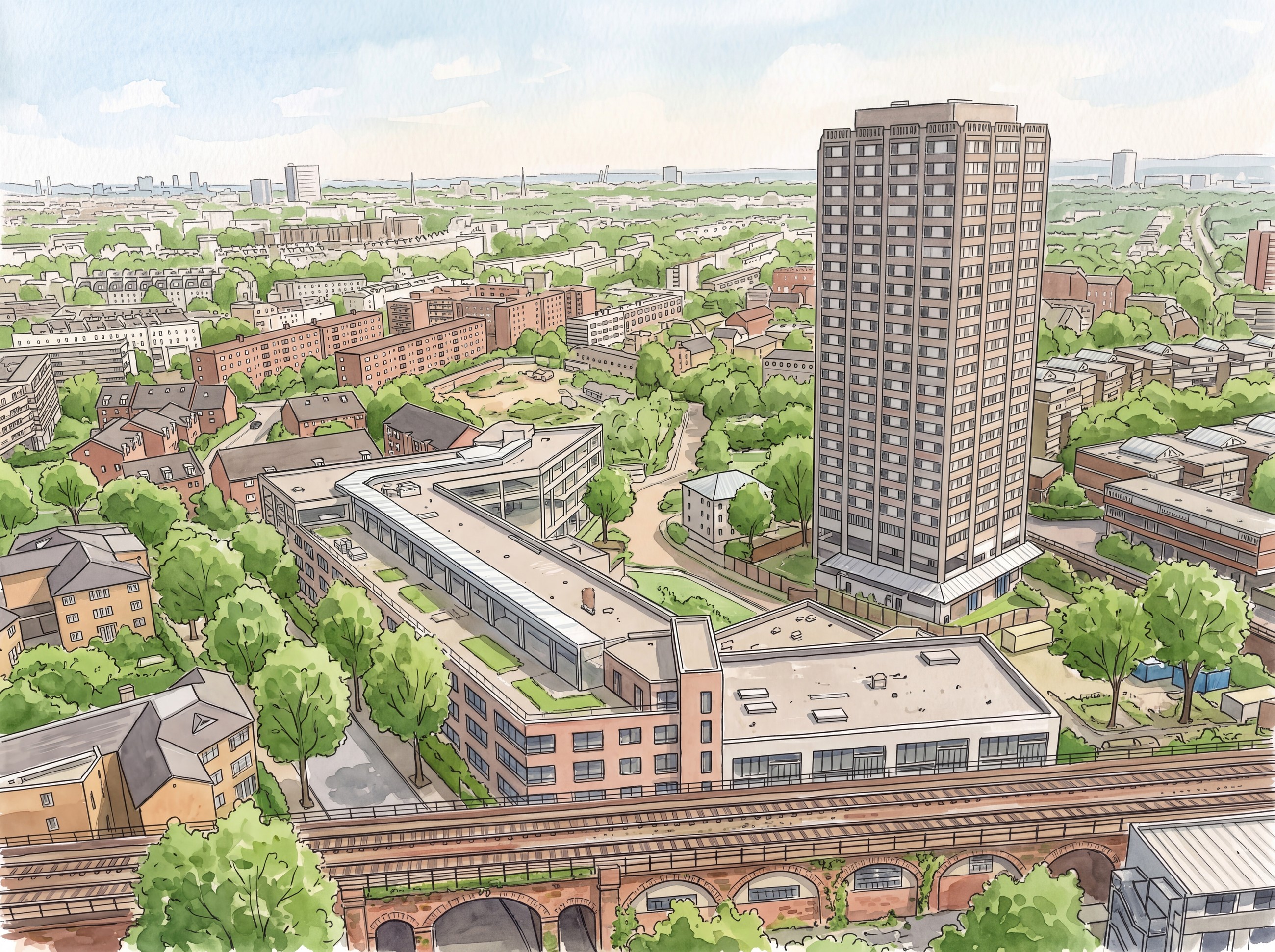 Illustrated aerial view of Grenfell Tower and the surrounding neighbourhood.