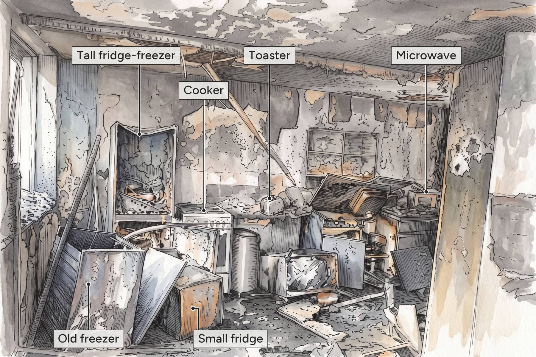 Illustration of the burnt-out kitchen of Flat 16, labelling the fridge-freezer, cooker, toaster, microwave, old freezer and small fridge.