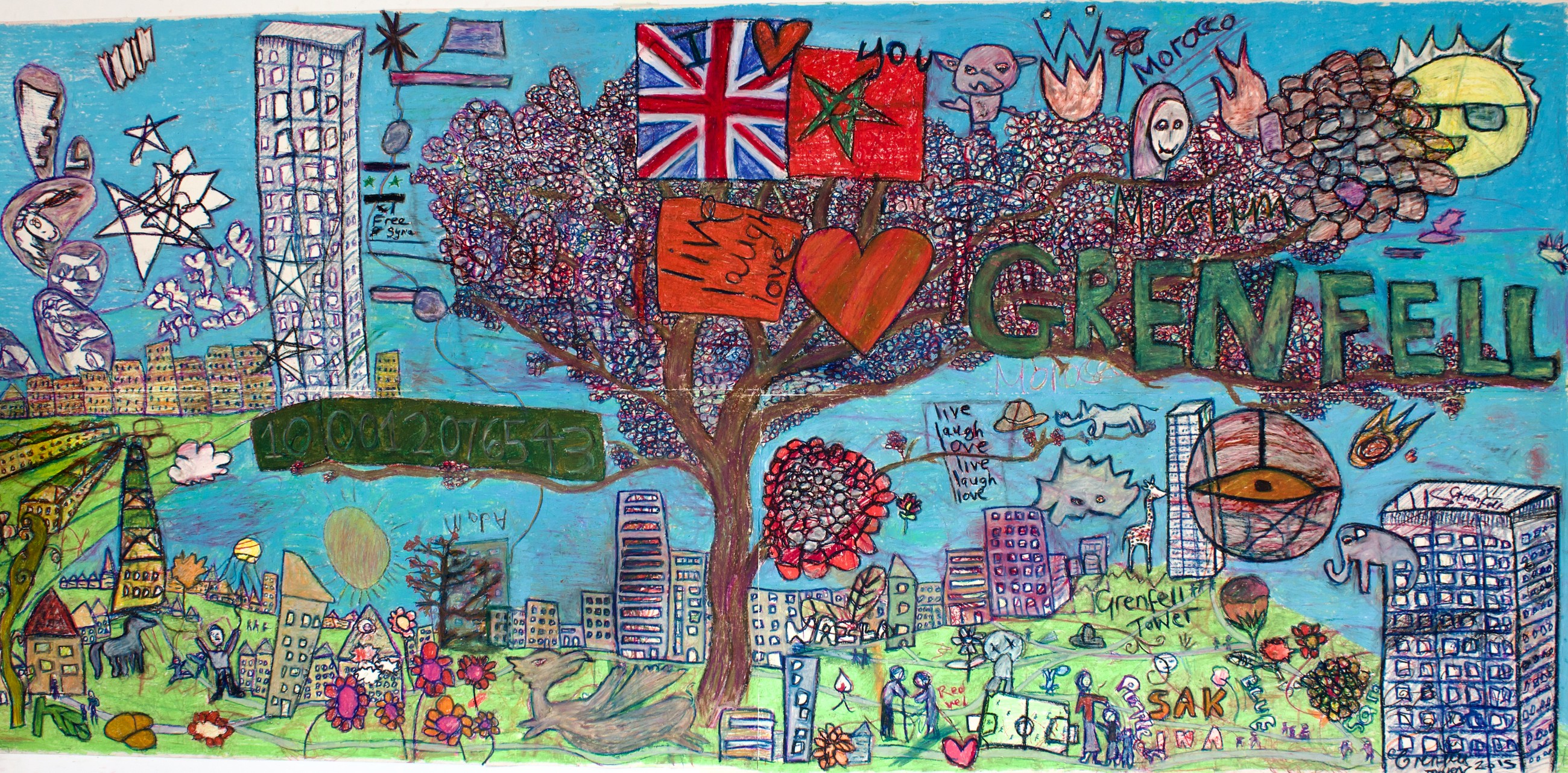 Children’s drawing of Lancaster West estate, with Grenfell Tower, a large tree, hearts, British and Moroccan flags, people, animals and flowers.
